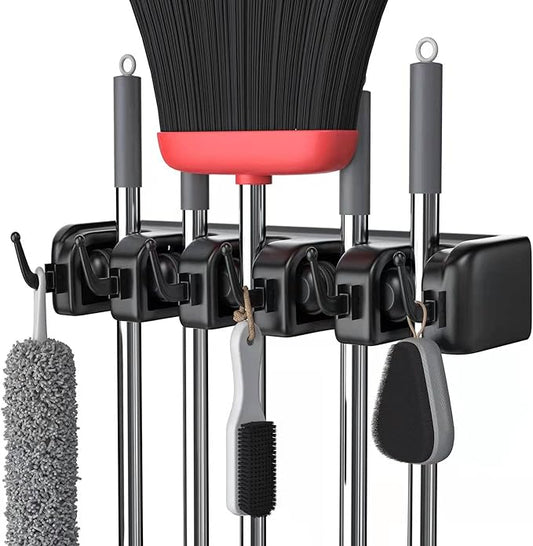 LETMY Broom Holder Wall Mount - Mop and Broom Hanger Holder - Garage Storage Rack & Garden Tool Organizer - 5 Position 6 Hooks Broom Rack for Home, kitchen, Garden, Tools, Garage Organization - Black-NeatNest