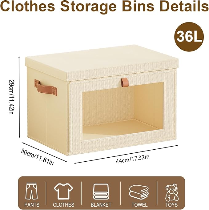 Tuza 2 Pack Foldable Storage Bins - Fabric Decorative Storage Boxes with Handles & Window, Collapsible Organizer for Closet, Shelf, Dorm Room