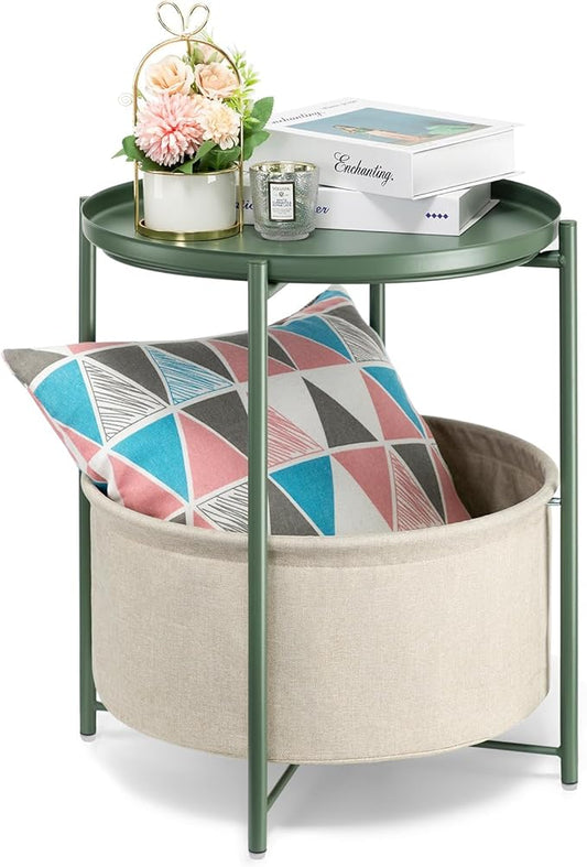 danpinera Round Side Table with Fabric Storage Basket, Metal Side Table Small Bedside Nightstand with Removable Tray for Living Room, Bedroom, Nursery, Dark Green-NeatNest