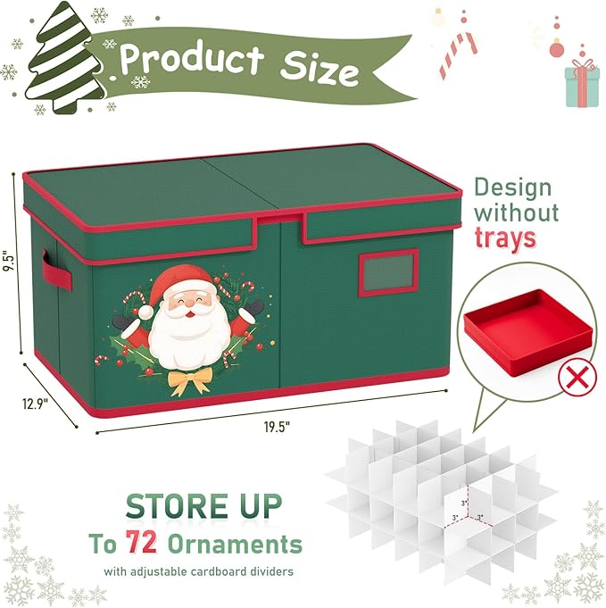 Christmas Ornaments Storage Box with Adjustable Divider Christmas Ornaments Storage Containers Fits 72 of 3 Inch Ornaments 600D Oxford Material Ornament Organizer Storage Box for Storage-NeatNest