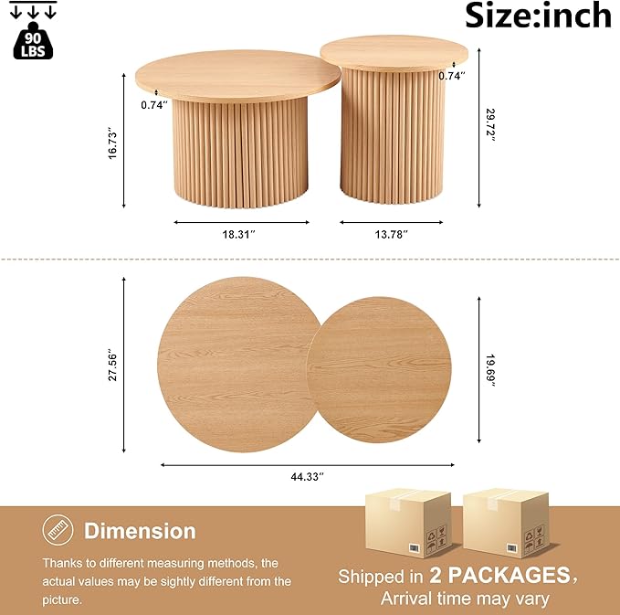 2-Piece Nesting Coffee Side Table Set of 2, Round Nightstand End Table with Fluted Wood Strip Base,Manufactured Wood Nesting Tabletop with Solid Oak Wood Veneer, Elegant Side Table