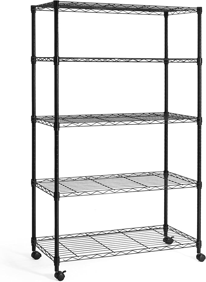CAPHAUS 3/4/5-Tier Adjustable Height Wire Shelving Unit, Wire Rack Shelving, Metal Steel Storage Shelves, Garage Shelving Storage Organizer, Utility Storage Shelf, 5-Tier With Wheels, Black-NeatNest