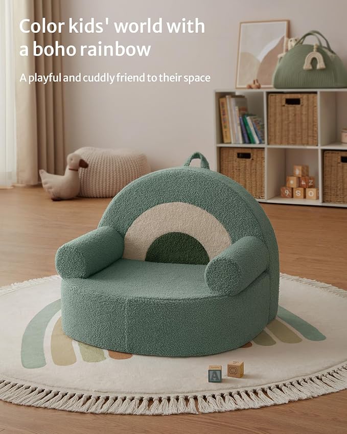 Blissful Diary Toddler Chair Comfy, Foam Kids Chair with Soft Teddy Plush, Toddler Reading Chair with Cute Arclet Designs- Sage Green-NeatNest