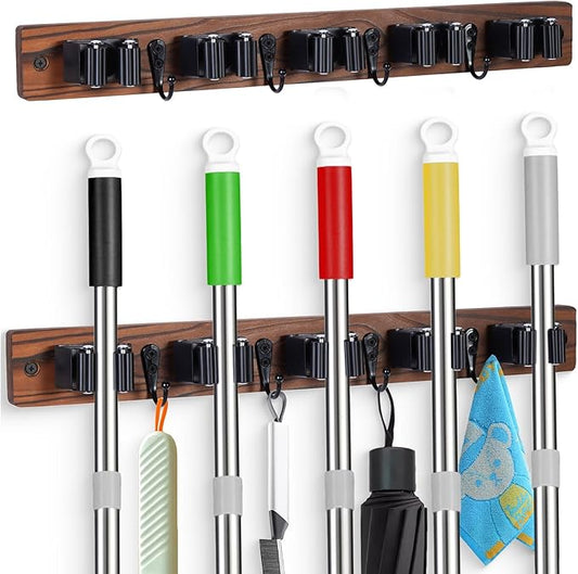 2 PACK Broom Holder Wall Mount With 5 Slots & 4 Hooks，Rustic Wood Broom & Mop Hanger，Wall Mounted Garden & Garage Tool Storage Organizer Rack for Closet Laundry Room or Kitchen Wall Decor-NeatNest