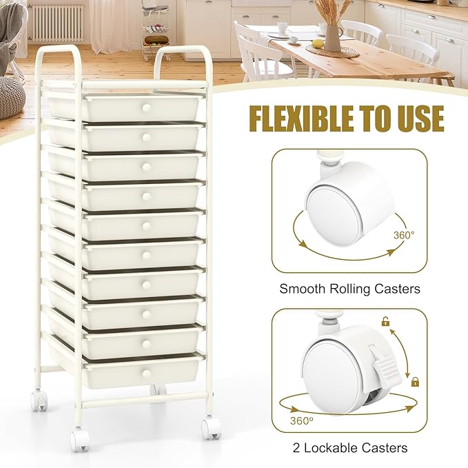 COSTWAY 10-Drawer Rolling Storage Cart, Utility Mobile Trolley with Removable Drawers & Universal Casters & 2 Brakes, Versatile Flexible Drawer Organizer Cart for Home, Office, White-NeatNest