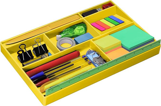 Acrimet Desk Drawer Organizer Tray with 8 Compartments – Multi-Purpose Bin for Office Supplies, Makeup, and Accessories – Fits inside Drawers or Desktops, 12.75" x 8" x 1.06" (Plastic) (Yellow Color)-NeatNest