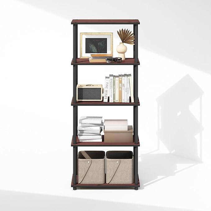 Furinno Turn-N-Tube 5-Tier Multipurpose Compact Bookcase, Dark Cherry/Black-NeatNest