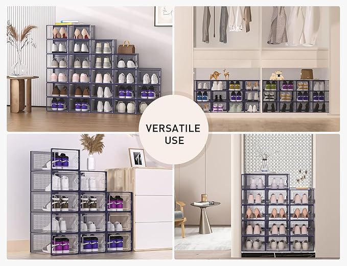 Kuject X-Large Shoe Storage Boxes Organizers Clear Plastic Stackable 12 Pack, Shoe Rack & Holder Substitute, Sneaker Containers, Toy Storage Organizer Bins for Entryway, Closet, Under Bed, Blue-NeatNest