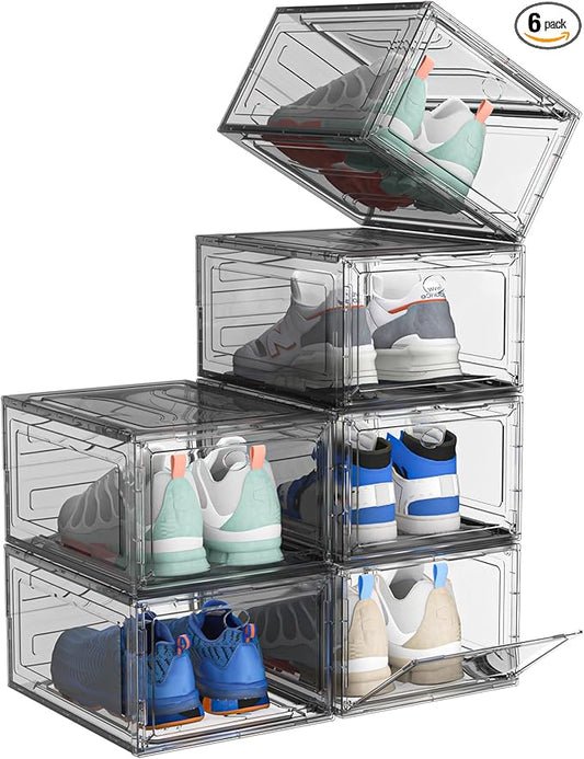Upgrade Harder Solid Plastic Shoe Organizer, Shoe Storage with Magnetic Front Door, Shoe Rack 6 Pack Shoe Boxes Clear, Sneaker Storage, Shoe Organizer for Closet, Shoe Display Case, Black-NeatNest