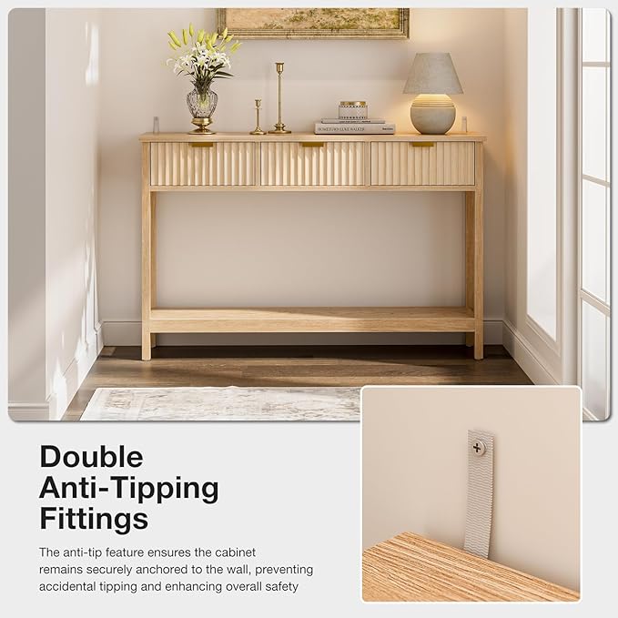 Console Table with Storage, Boho Entryway Table with 3 Fluted Drawers and Shelf, Sofa Table for Living Room, Entryway, Hallway, Natural-NeatNest