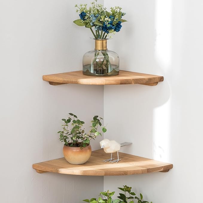 Corner Shelves, Floating Corner Shelf, Set of 2 7inch Solid Oak Wood Wall Shelves, Round End Wall Mount with Wire Hole Shelving for Small Plant for Bedroom Kitchen, Living Room-NeatNest