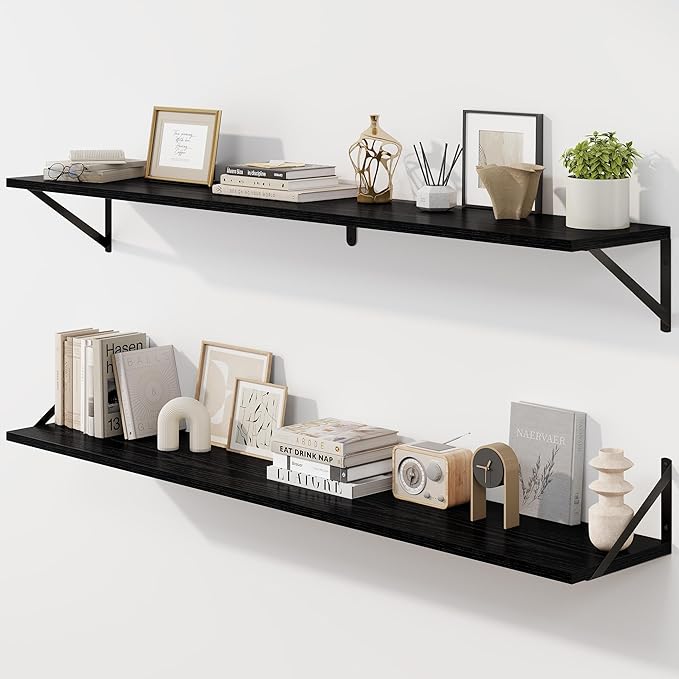 Fun Memories Deep Floating Shelves for Wall, 55W x 8D Wall Mounted Shelves Set of 2, Wide Display Ledge Shelf with Sturdy Metal Brackets for Living Room, Bathroom, Bedroom and Kitchen, Black-NeatNest