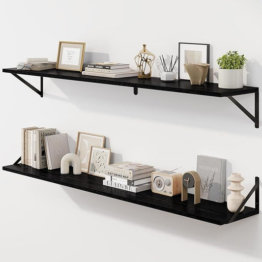 Fun Memories Deep Floating Shelves for Wall, 55W x 8D Wall Mounted Shelves Set of 2, Wide Display Ledge Shelf with Sturdy Metal Brackets for Living Room, Bathroom, Bedroom and Kitchen, Black-NeatNest
