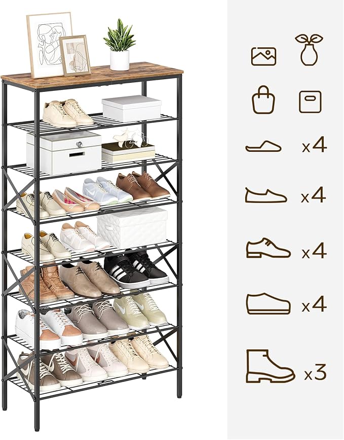 8 Tier Shoe Rack, Shoe Storage Organizer, Large Capacity Shoe Shelf Holds 32 Pairs of Shoes, Durable and Stable, for Entryway, Hallway, Closet, Dorm Room, Rustic Brown SS08BR-NeatNest