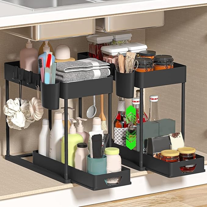 2 Layers Multi-Purpose Pull-Out Storage Organizers, Under Sink Organizers and Storage for Bathroom & Kitchen, Under Cabinet Organizers and storage, under sink drawers storage，Black-NeatNest