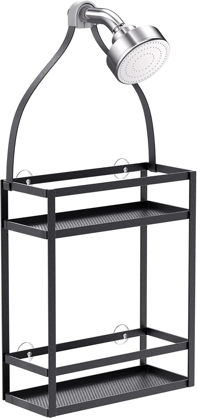 Meangood Shower Caddy, 10.4" x 4.5" x 22.04" Hanging Shower Caddy Organizer Over Shower Head Big Capacity for Shampoo, Conditioner with Hooks for Razor/Sponge, Matte Black