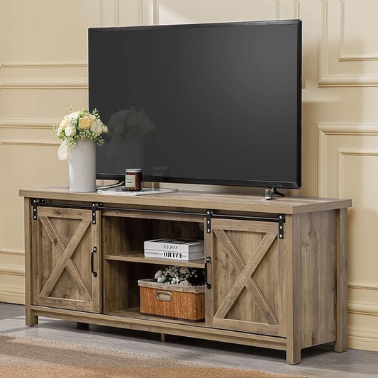 GAZHOME Farmhouse TV Stand with Sliding Barn Doors, Media Entertainment Center Console Table for TVs up to 65”,2-Tier Large Storage Cabinets,Rustic TV Stand for Living Room Bedroom,Light Grey-NeatNest