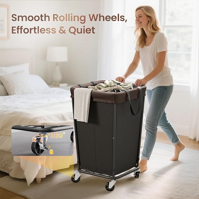 160L Laundry Basket with Wheels, 2-section Rolling Laundry Basket, Large Laundry Hamper with Wheels, Rolling Laundry Hamper Clothes Hamper for Home, Bathrooms and Dorm(Black)