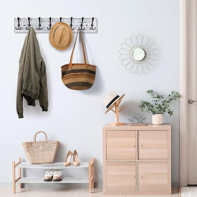 Coat Rack Wall Mount, Wooden Heavy Duty Coat Rack for Wall,8 Triple Coat Hanger Hooks for Hanging Coats,Jacket,Hat,Clothes (Grey White, 8 Hooks)-NeatNest