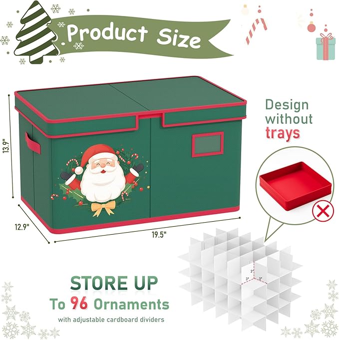 Christmas Ornaments Storage Box Christmas Ornament Organizer Storage with Adjustable Dividers Fit 96 of 3 Inch 600D Oxford Fabric Ornament Storage Container for Holiday Decorations-NeatNest