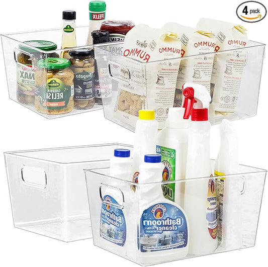 4pcs Clear Storage Bins Clear Storage Containers for Kitchen Pantry Organization, Organizing Bins with Built in Handles, Cabinet Organizers