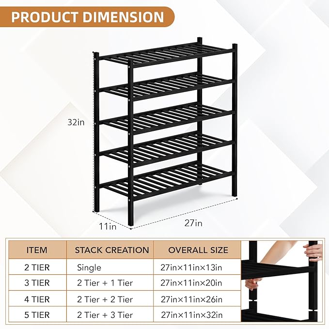 5 Tier Bamboo Shoe Rack Storage Organizer for Closet, Multifunctional Stackable Free Standing Shoe Shelf Organizer for Small Space,Entryway, Hallway, Bathroom27 x11 x32 (Black, 5 Tier)-NeatNest