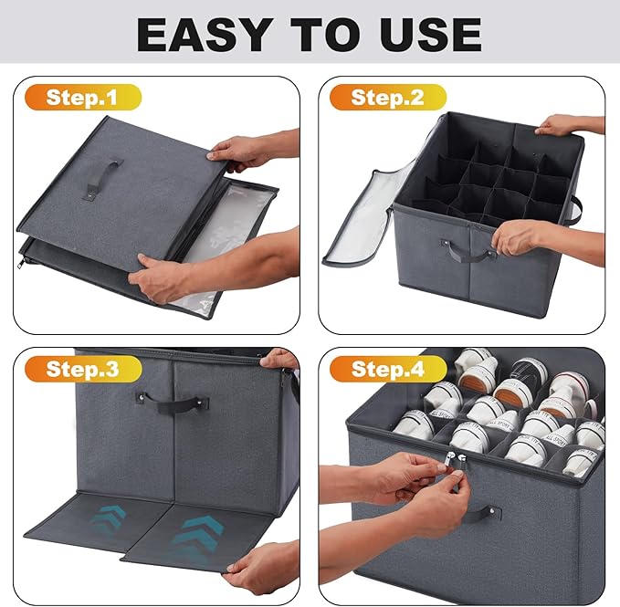 2 Pack Closet Shoe Organizer Box Fits 32 Pairs, Fabric Shoe Storage Box Bins Cubes with Clear Cover, Space Saving Shoes Holder for Shoes, Sneakers, Sandal and High Heeled (Grey)-NeatNest