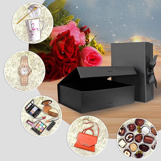10.5"X7.5"X3.1" Black Magnetic Gift Box with Lid and Ribbon for Presents-NeatNest