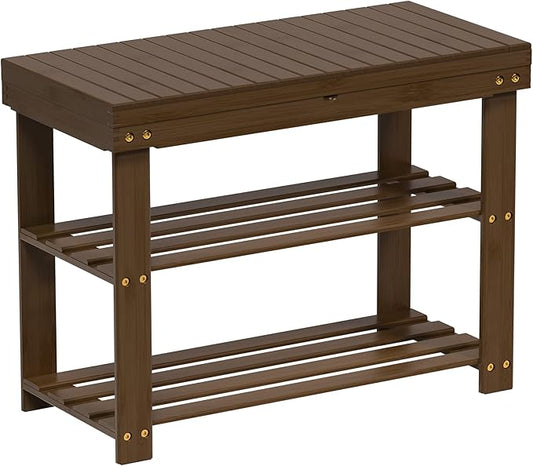 Zhuoyue Bamboo Shoe Rack Bench with Storage Shelf for Entryway Small Space Organizer Indoor Outdoor Use Walnut Brown