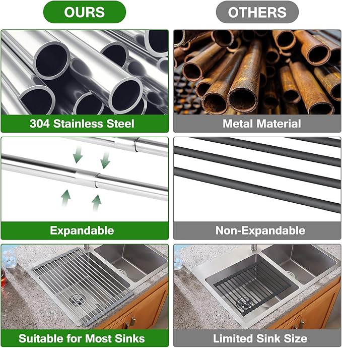 Sindax 23.7" Extra Large Dish Drying Rack, Expandable Roll Up Over The Sink Dish Drying Rack, SUS304 Stainless Steel Multipurpose Kitchen Drainer Rack Up Load to 70Lb
