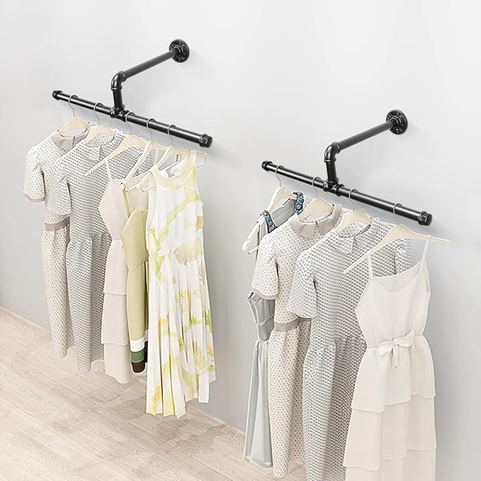 Industrial Pipe Clothes Rack Floating DIY Wall Mounted, Heavy Duty Rustic Vintage Clothing Rod, Metal Garment Bar Space-Saving Hanging for Bedroom, Bathroom and Laundry Room (Black)-NeatNest