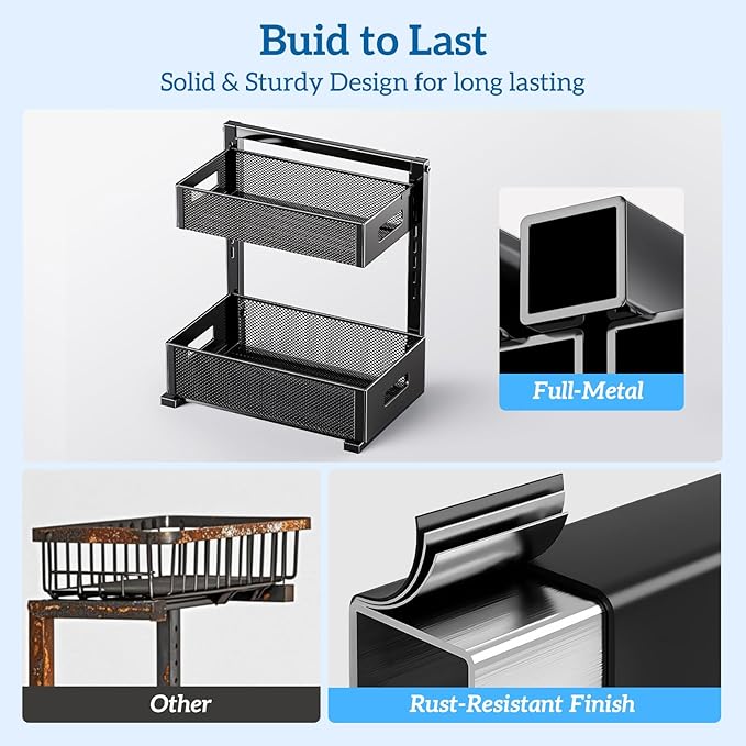 2 Tier Under Sink Organizer, Pull Out Cabinet Organizer, Slide Out Metal Kitchen Organizers Drawer Shelf, Sliding Storage Shelves for Kitchen Bathroom Pantry Cabinet Closet Organization Rack-NeatNest