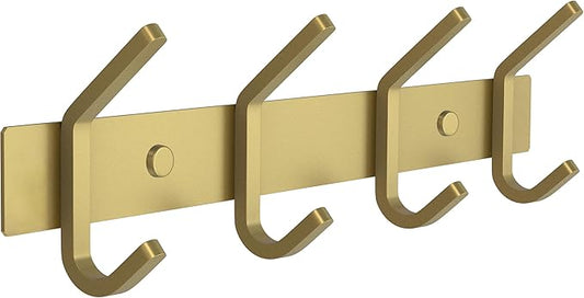 Brushed Gold Wall Mounted Coat Rack – 12 Inch Stainless Steel Rail with 4 Double Coat Hooks for Entryway, Bathroom, Bedroom, Kitchen – Modern Gold Hook Rack for Coats, Hats, Towels-NeatNest
