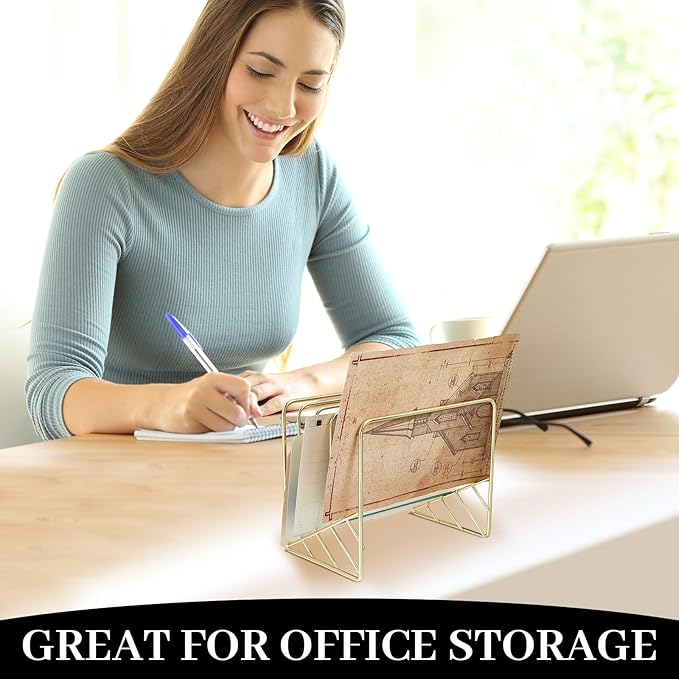 Tandefio 2 Pcs Metal Letter Sorter, 5 Slot Gold Magazine File Holder Desktop File Sorter Organizer File Storage Rack Newspaper Incline File Folder for Mail, Document, Record and Desk Accessories