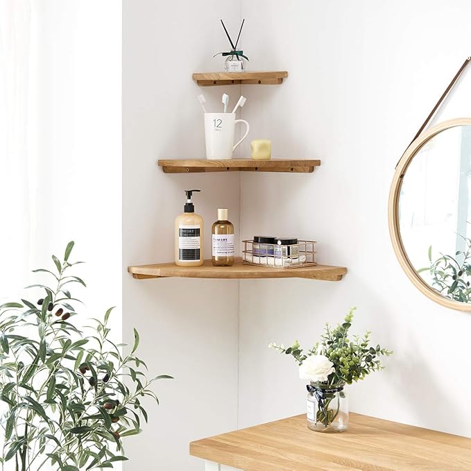 Corner Shelf Wall Mount, 7inch Oak Wood Floating Corner Shelf Round End Small Corner Nightstand Plant Shelf Wall Mount for Kitchen, Living Room, Bedroom-NeatNest