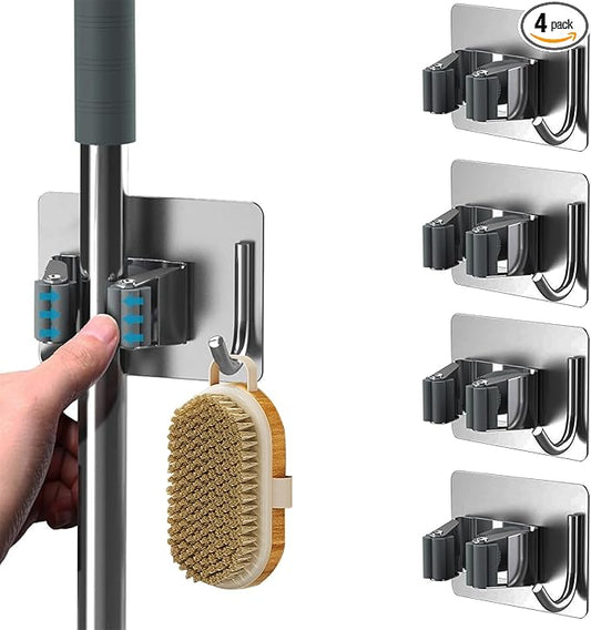 Mop Broom Holder-Self Adhesive Stainless Steel Broom Hanger Organizer for Bathroom, Kitchen, Office，Utility Room，Laundry Room,Home Garden, Garage Storage and Organization Rack(Silver gray-4Psc)-NeatNest
