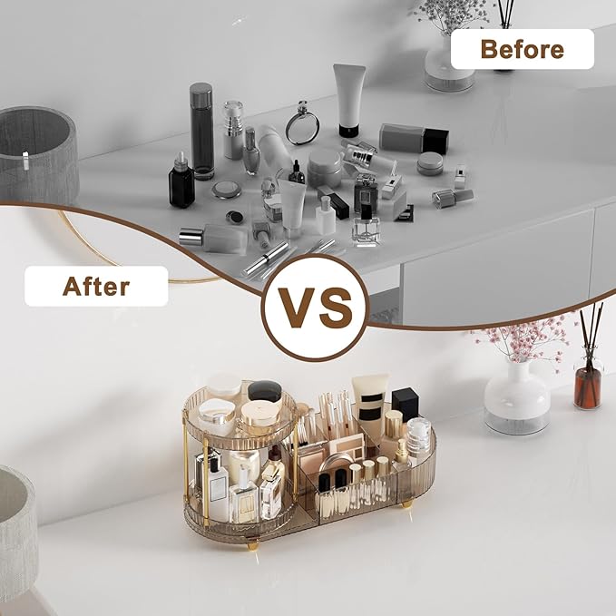 Makeup Organizer Countertop with 360 Rotating Perfume Trays, 7-Divider Vanity Skincare Organizers, Make Up Desk Organization and Storage with Cosmetic Brush Holder for Bedroom Bathroom Counter-NeatNest