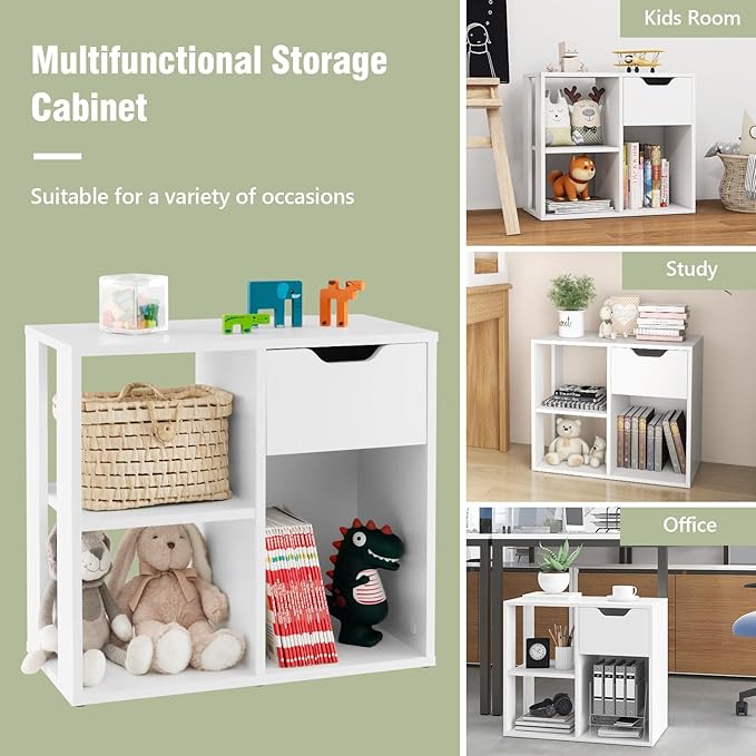 Giantex 3 Cube Bookcase with Drawer, 2 Tier Bookshelf for Small Space, Modern Freestanding Display Rack with Open Shelves, White Book Case, Wood Cube Storage Organizer Bedroom Living Room, 2 Pack