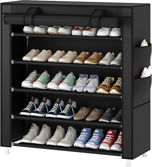 Laiensia 5-Tier Vertical Shoe Rack Organizer, Space Saving Shoe Storage Organizer, Non-Woven Cover Shoe Shelf Holds 20-25 Pairs for Bedroom, Hallway, Closet Entryway, Black-NeatNest