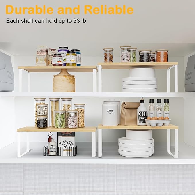 Cabinet Shelf Organizers, 15.7 inches Large Kitchen Counter Shelf, Set of 2 Wood Kitchen Pantry Organizer, Storage Shelves for Countertop, Spice Rack, Stackable, Expandable, Metal White, Nature-NeatNest