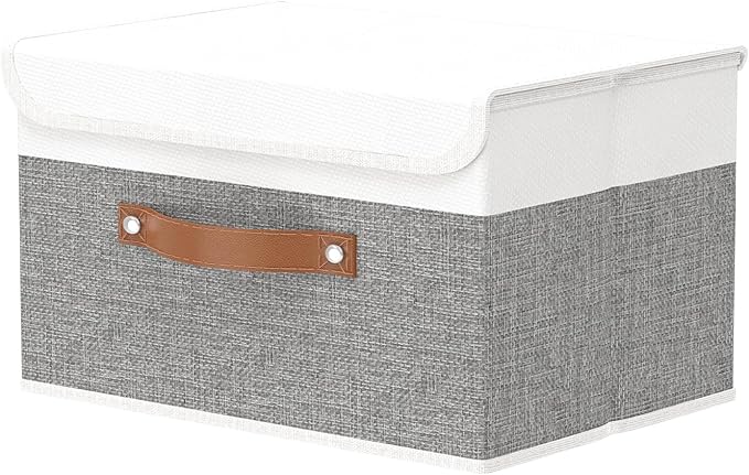 OUTBROS Large Foldable Storage Bins, Linen Fabric Box with Lid, Organiser for Shelves, Cubes For Towels, Clothes, 13 x 9.1 x 7.9 inch (White/Grey, 1-Pack)-NeatNest