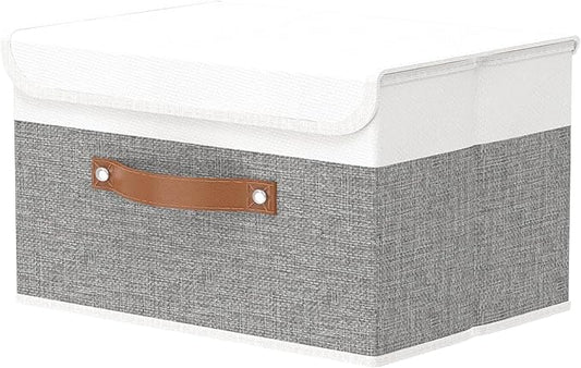 OUTBROS Large Foldable Storage Bins, Linen Fabric Box with Lid, Organiser for Shelves, Cubes For Towels, Clothes, 13 x 9.1 x 7.9 inch (White/Grey, 1-Pack)-NeatNest