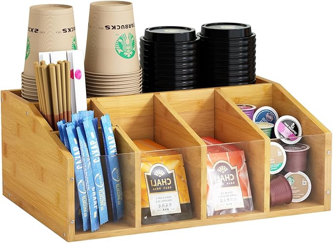 Coffee Station Organizer Condiment Organizer for Countertop Farmhouse Coffee Caddy with Removable Dividers Small Cute Office Bar Accessories for Tea Bags, Pods, Syrup, Cups, and Stirrer-NeatNest