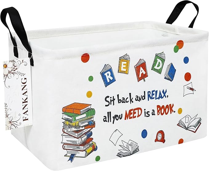 FANKANG Storage Bins, Nursery Hamper Canvas Laundry Basket Foldable with Waterproof PE Coating Large Storage Baskets for Kids Boys and Girls, Office, Bedroom, Clothes,Toys(Rec-Reading ）