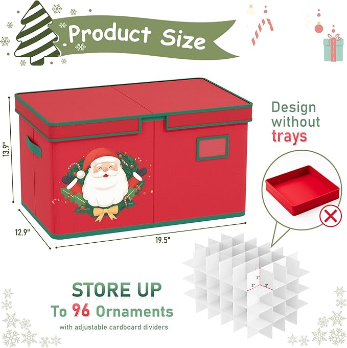 Christmas Ornament Storage Box Red Christmas Decoration Storage Containers 600D Oxford fabric Ornament Organizer Storage Box Fit 96 3 inch Holiday Ornaments Christmas Decor Storage Container-NeatNest