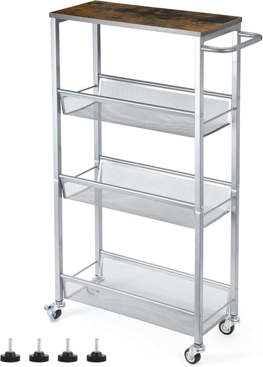 NANANARDOSO 4 Tier Slim Rolling Cart, Narrow Cart with Wood Top and Metal Handle, Kitchen Slim Storage Cart for Narrow Space on Kitchen, Bathroom, Silver.