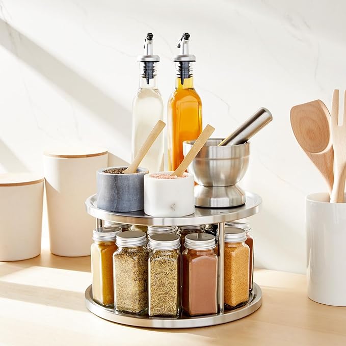 Juvale 2-Tier Lazy Susan Spice Rack Organizer for Cabinet - 10.5 in, Stainless Steel - Kitchen Countertop Organizer & Spice Carousel for Pantry Organization