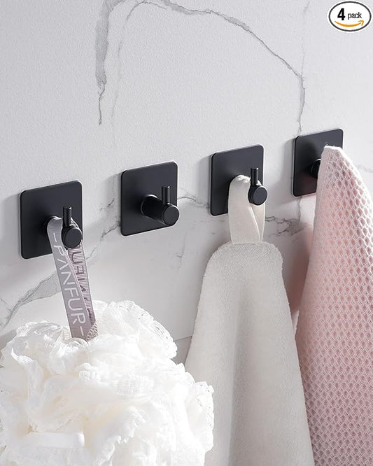 4 Pack Adhesive Hooks, Black Towel Hook for Bathrooms, Heavy Duty Stainless Steel Wall Hook, Waterproof Stick on Hook, Hooks for Hanging Robe, Key, Coat, Clothes