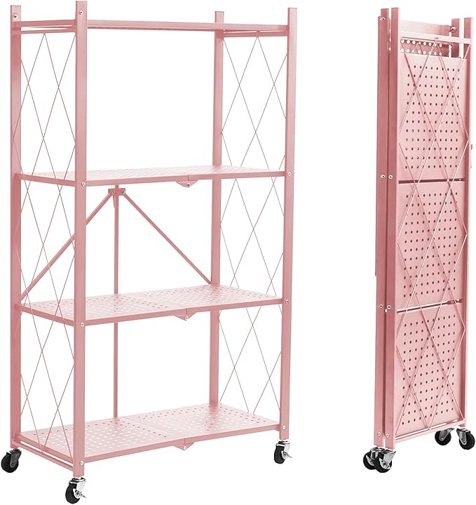 BRIAN & DANY 4-Shelf Foldable Storage Shelves with Wheels, Folding Metal Rack Shelving Unit, Heavy Duty No Assembly Organizer Shelf for Garage, Kitchen, Basement, Pantry, Pink-NeatNest