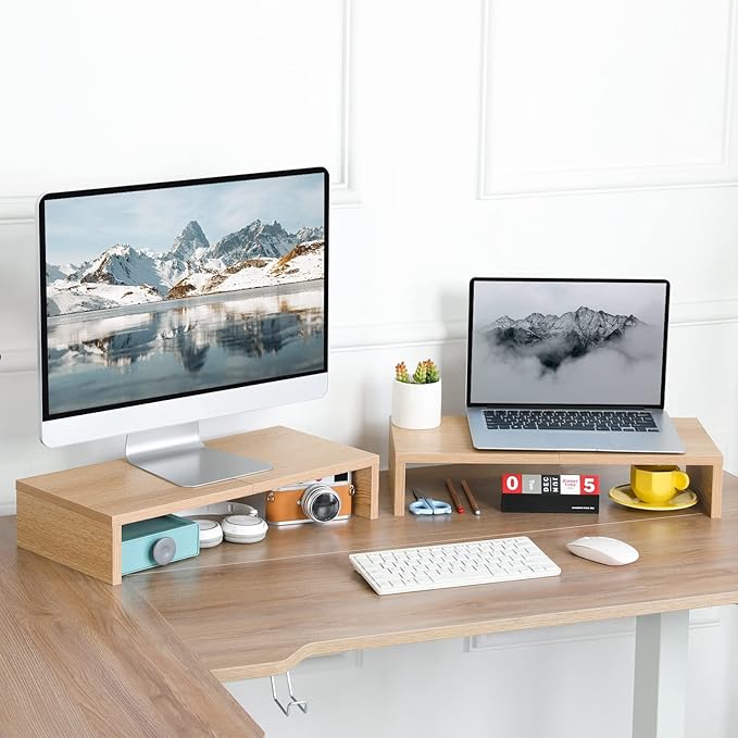 TEAMIX 2 Pack Monitor Stand Riser-20 inch, Wooden Desktop Riser for TV/PC/Laptop/Printer, Cozy Monitor Riser with Storage, Computer Stand Space-Saving-NeatNest